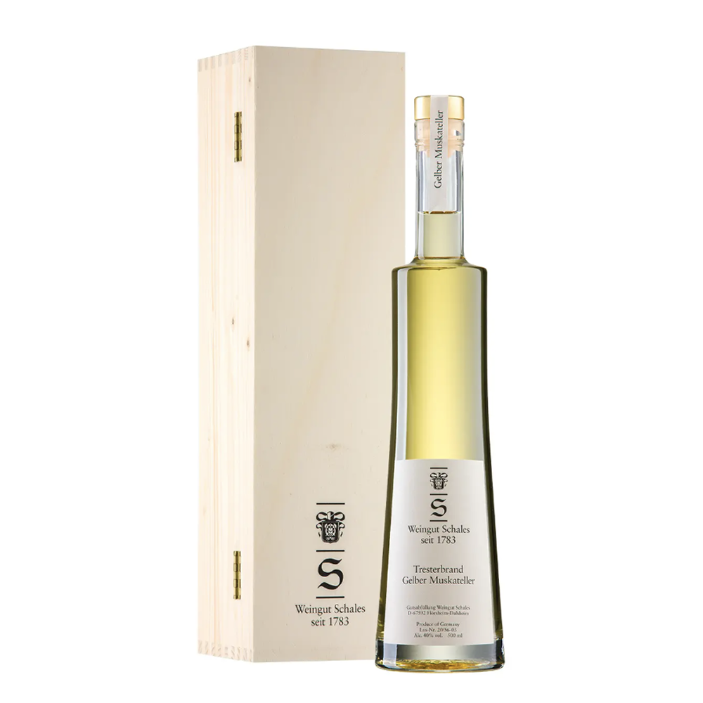 Schales  Gelber Muskateller Tresterbrand &amp; Holzkiste, 37% vol., 0,5L